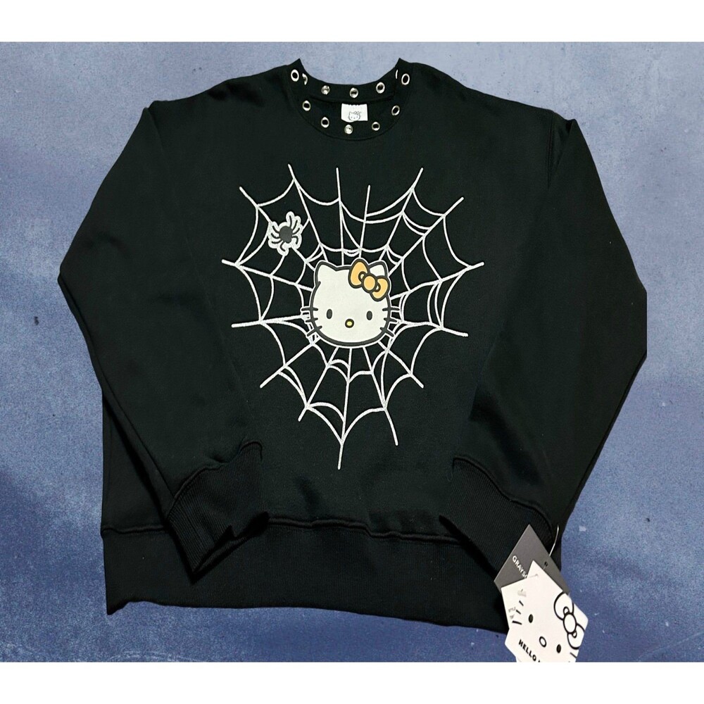 Hello Kitty  By Sanrio Black Sweatshirt with White Spiderweb and Yellow Bow S